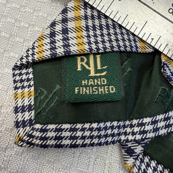 Vtg RARE Polo Ralph Lauren Tie Blue Yellow Silk Mens Glen Check Houndstooth USA - Picture 2 of 5